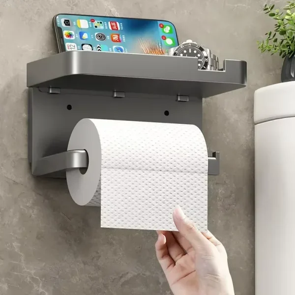 Rustproof Thickened Plastic Wall-Mounted Toilet Paper Holder for Bathroom/Kitchen with Phone Storage 5