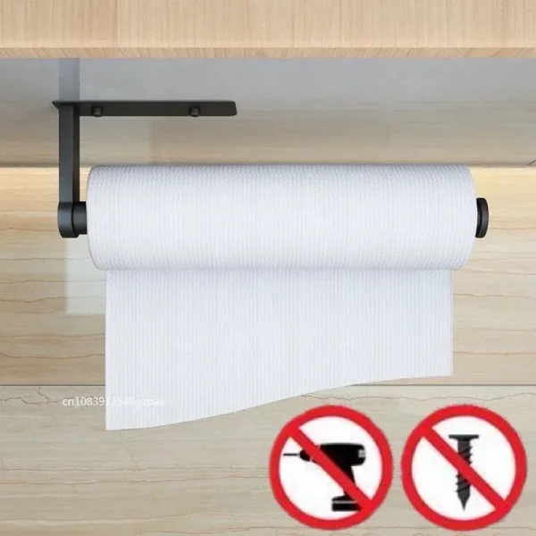Kitchen Carbon Steel Paper Towel Holder No Punch Cabinet Paper Shelf Household Roll Paper Hanger Plastic Wrap Rag Storage Rack 1