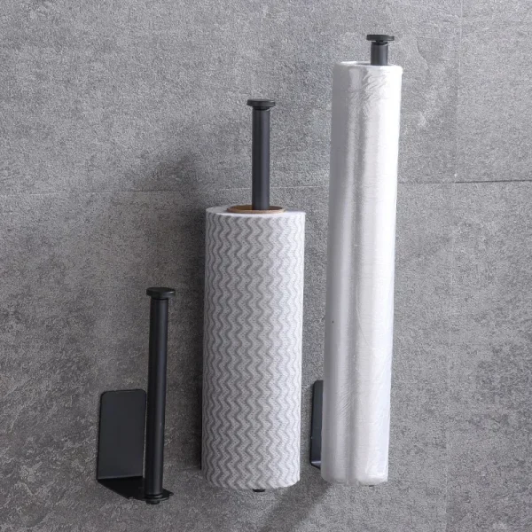 Kitchen Carbon Steel Paper Towel Holder No Punch Cabinet Paper Shelf Household Roll Paper Hanger Plastic Wrap Rag Storage Rack 2