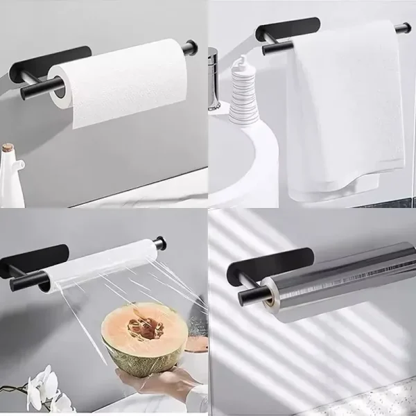 Paper Towel Holder Under Cabinet Wall Mount Stainless Steel Black Kitchen Paper Towel Rack Bathroom Self Adhesive No Drilling 4