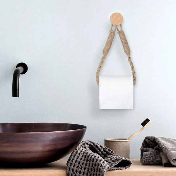 Nail-free Woven hemp rope Paper Towel Holders Rack Bathroom Towel Hook Toilet Paper Holder Towel Rack Beige Hemp Color 2
