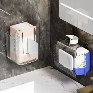 Plastic Wall Mounted Tissue Box Self-adhesive Punch Free Paper Towel Holder Upside Down Space-saving Napkin Container Bathroom 1