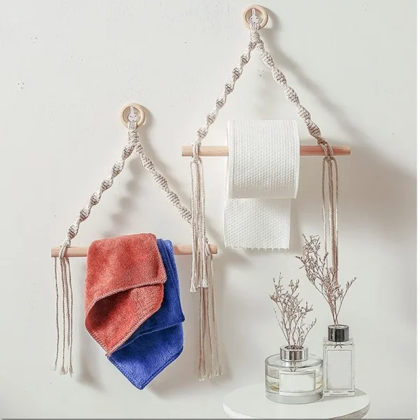 1Pc Toilet Paper Holder Rack Vintage Bohemian Hand-woven Towel Hanging Rope Tapestry 2