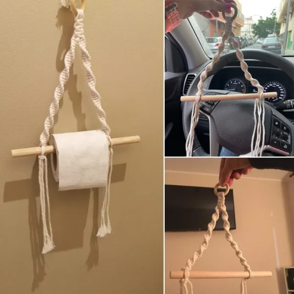 1Pc Toilet Paper Holder Rack Vintage Bohemian Hand-woven Towel Hanging Rope Tapestry 4