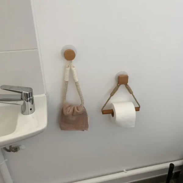 Kitchen Wooden Hook Toilet Paper Roll Holder Nail Free Wall-mounted Retro Towel Rack for Home Paper Towel Stand Bathroom Decor 4