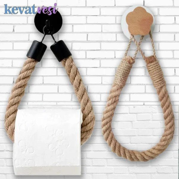 Punch-Free Toilet Paper Holder Linen Rope Paper Towel Holder Self-Adhesive Hanging Rope for Paper Wall Mounted Tissue Holder 1