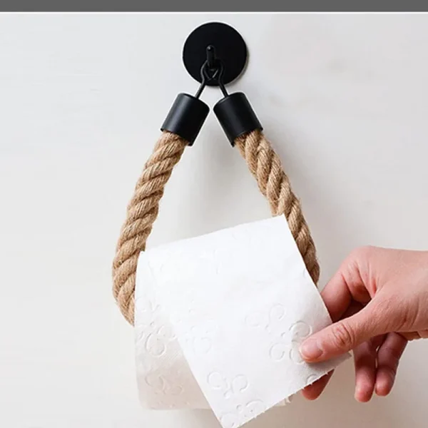 Punch-Free Toilet Paper Holder Linen Rope Paper Towel Holder Self-Adhesive Hanging Rope for Paper Wall Mounted Tissue Holder 2