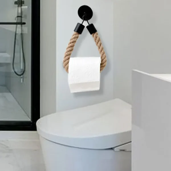 Punch-Free Toilet Paper Holder Linen Rope Paper Towel Holder Self-Adhesive Hanging Rope for Paper Wall Mounted Tissue Holder 4