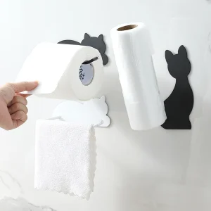 Cute cat shaped non perforated kitchen tissue holder cloth holder roll paper cling film wall mounted multi-purpose storage rack 1