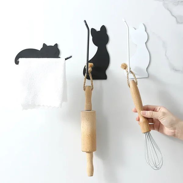 Cute cat shaped non perforated kitchen tissue holder cloth holder roll paper cling film wall mounted multi-purpose storage rack 2