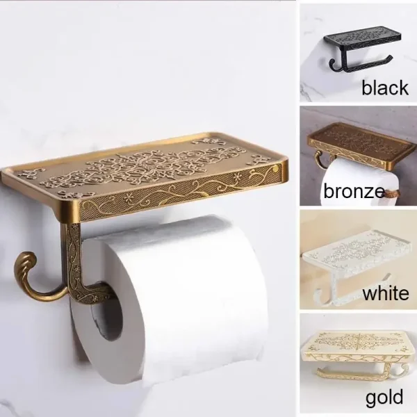 Antique Bronze Carving Bathroom With Phone Shelf Towel Tissue Aluminum Rack Toilet Paper Holder Creative 2