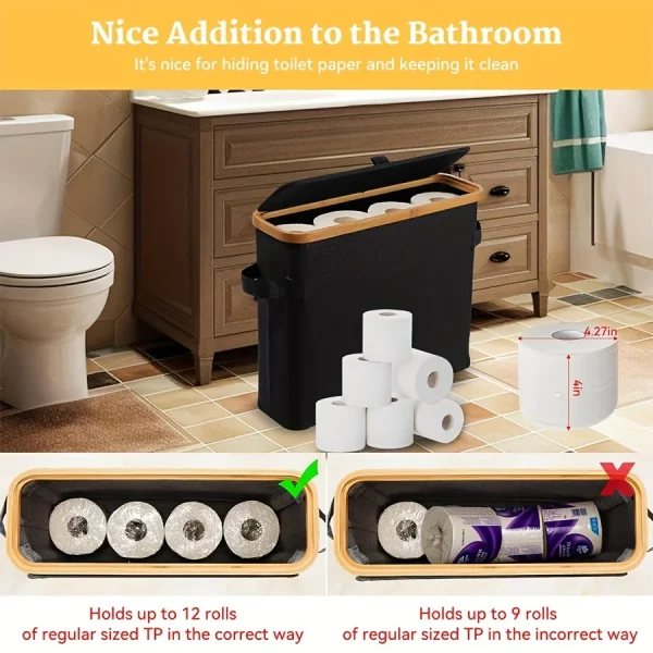 Bamboo toilet paper holder with lid - Self-contained bathroom organizer with handle, enclosed tissue storage box 2
