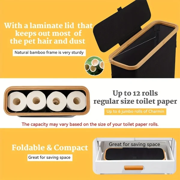Bamboo toilet paper holder with lid - Self-contained bathroom organizer with handle, enclosed tissue storage box 3