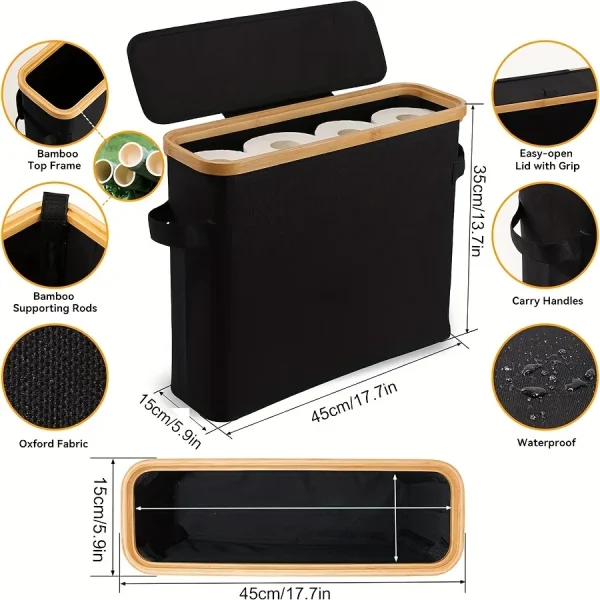 Bamboo toilet paper holder with lid - Self-contained bathroom organizer with handle, enclosed tissue storage box 4