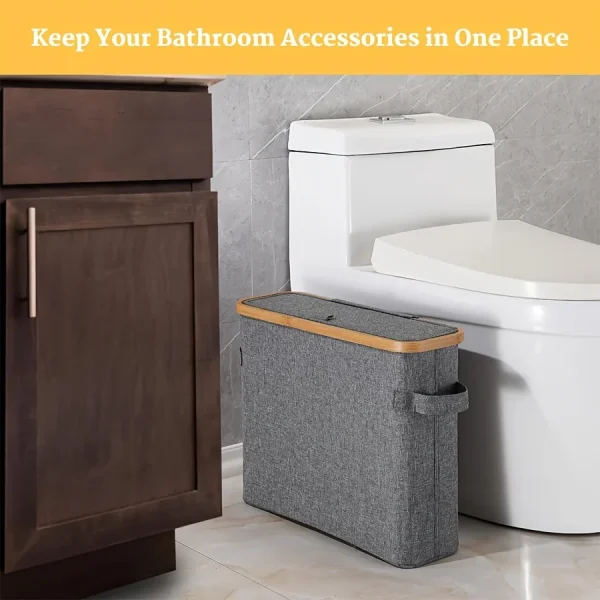 Bamboo toilet paper holder with lid - Self-contained bathroom organizer with handle, enclosed tissue storage box 5