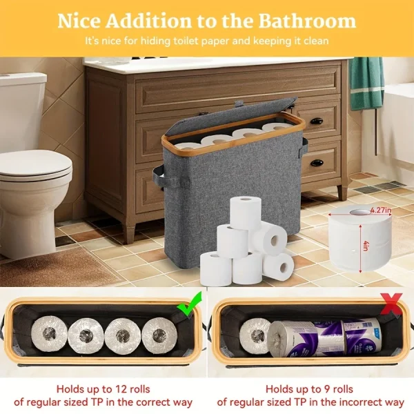 Bamboo toilet paper holder with lid - Self-contained bathroom organizer with handle, enclosed tissue storage box 6