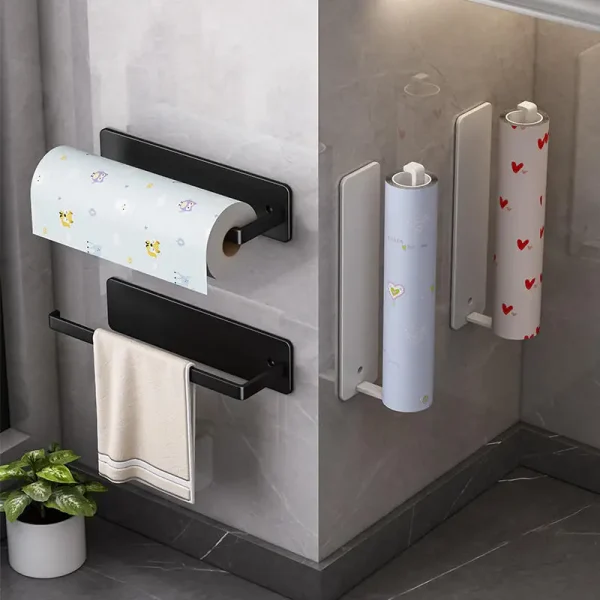 Wall-Mounted Kitchen Tissue Holder Free-Punching Roll Paper Storage Rack Kitchen Tissue Preservation Film Towel Storage Rack 1