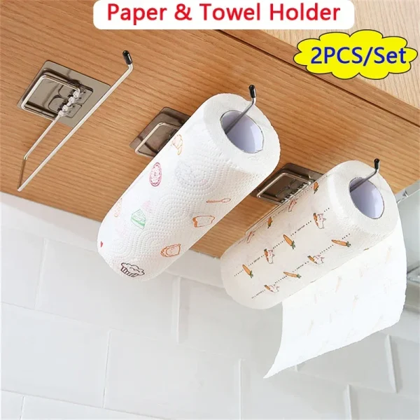 Kitchen paper towel stand glue toilet rack towel, hang tissue dispenser roll napkin cabinet storage accessories, 2 pieces 1