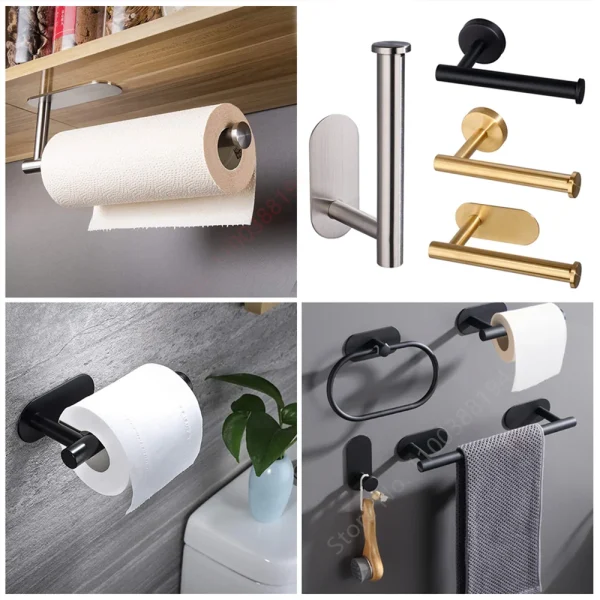 Hanging Paper Roll Towel Holder Bathroom Toilet Storage Stand Kitchen Organizer Napkin Rack Stainless Steel Adhesive Wall Mount 1