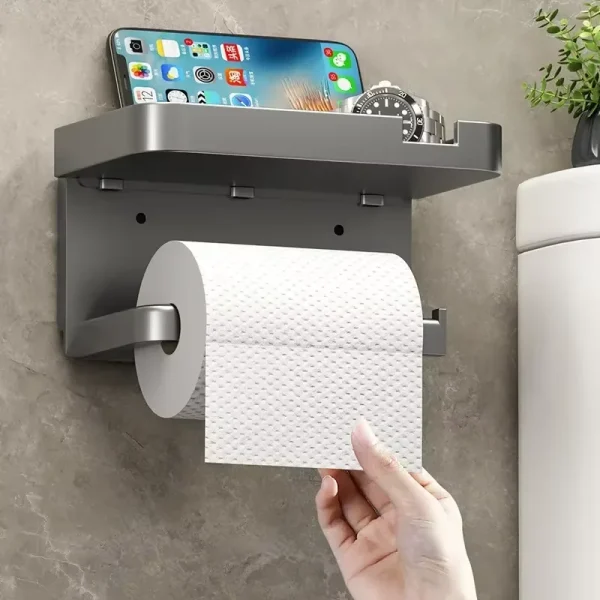 Rustproof Thickened Plastic Wall-Mounted Toilet Paper Holder for Bathroom/Kitchen with Phone Storage 5