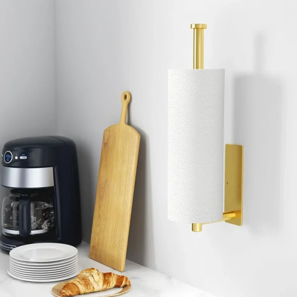 Paper towel holder - self-adhesive or drilled, kitchen gold wall mounted roll paper towel holder, bathroom extended storage rack 2
