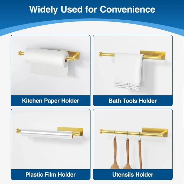 Paper towel holder - self-adhesive or drilled, kitchen gold wall mounted roll paper towel holder, bathroom extended storage rack 4