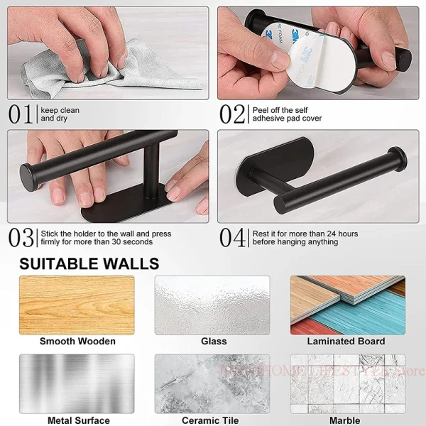 No Drill Toilet Paper Holder Wall Mount Self Adhesive Stainless Steel Towel Bar Ring Tissue Roll Dispenser For Bathroom Kitchen 5