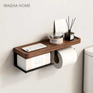 Toilet Paper Holder with Black Walnut Shelf for Bathroom Wall Mounted Toilet Paper Tissue Holder Double Roll Black Phone Rack 1