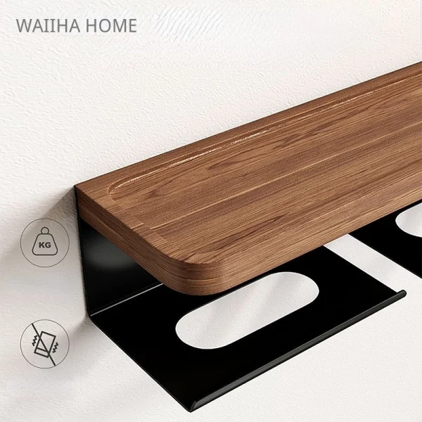 Toilet Paper Holder with Black Walnut Shelf for Bathroom Wall Mounted Toilet Paper Tissue Holder Double Roll Black Phone Rack 4