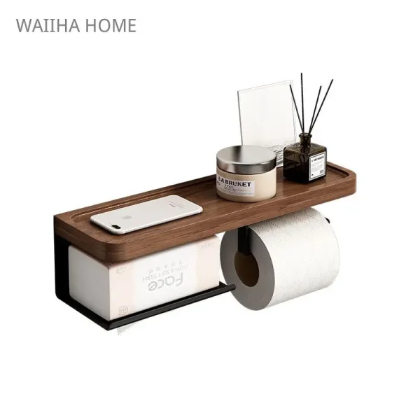 Toilet Paper Holder with Black Walnut Shelf for Bathroom Wall Mounted Toilet Paper Tissue Holder Double Roll Black Phone Rack 5
