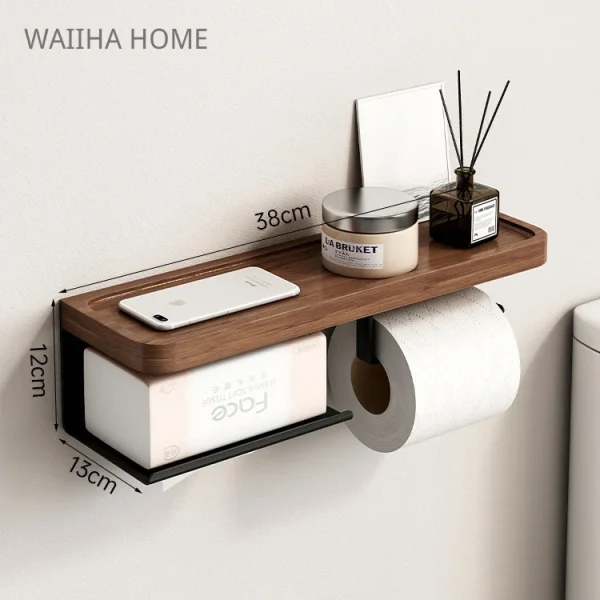Toilet Paper Holder with Black Walnut Shelf for Bathroom Wall Mounted Toilet Paper Tissue Holder Double Roll Black Phone Rack 6