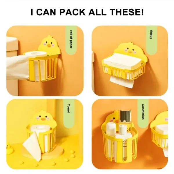 Cute Little Yellow Duck Bathroom Storage Rack Wall Mounted Toilet Paper Dispenser Toothbrush Holder Bathroom Cosmetic Organizer 3