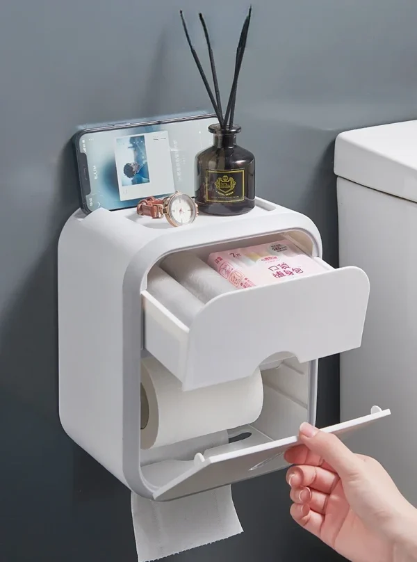 Toilet Paper Holder Box holder Bathroom Rack Waterproof Reel Tissue Storage Box Punch-free Kitchen Bathroom Storage Holder 1