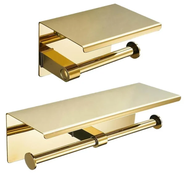 Multi-Functional Toilet Roll Paper Holder with Shelf Wall Mounted Double Roll Tissue Holder Dispenser Bathroom Gold 1