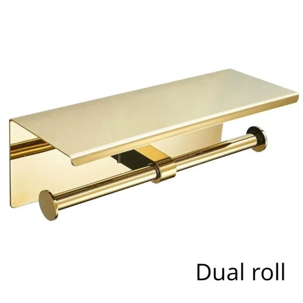 Multi-Functional Toilet Roll Paper Holder with Shelf Wall Mounted Double Roll Tissue Holder Dispenser Bathroom Gold 3