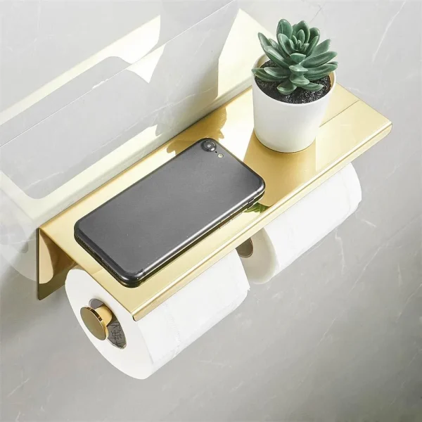 Multi-Functional Toilet Roll Paper Holder with Shelf Wall Mounted Double Roll Tissue Holder Dispenser Bathroom Gold 4
