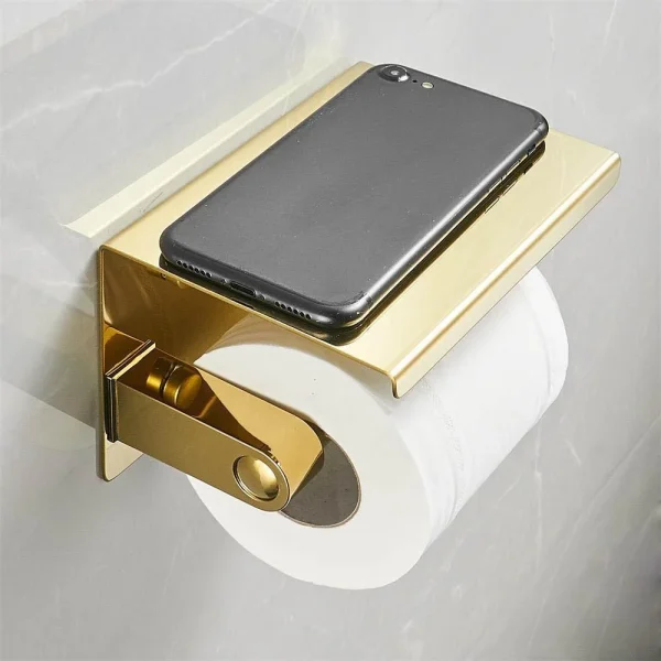 Multi-Functional Toilet Roll Paper Holder with Shelf Wall Mounted Double Roll Tissue Holder Dispenser Bathroom Gold 5