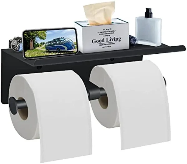 Multi-Functional Toilet Roll Paper Holder with Shelf Wall Mounted Double Roll Tissue Holder Dispenser Bathroom Gold 6