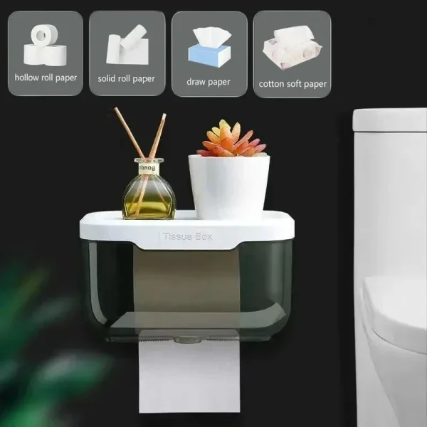 Wall Mounted Toilet Paper Holder Waterproof Tissue Box with Shelf Bathroom Organizer Kitchen Multi Purpose Storage Dispenser 1