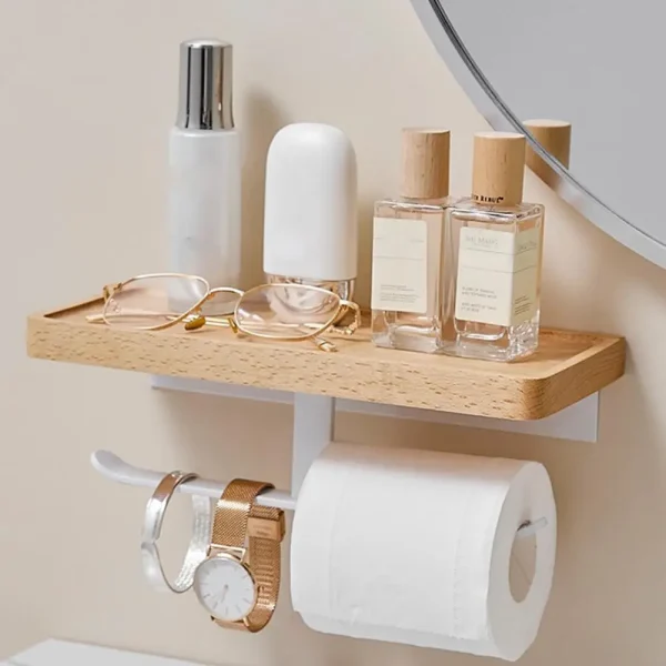 Wooden Tissue Rack Punch Free Wood Bathroom Toilet Wall Hanging Paper Roll Holder Tool Tissue Roll Hanger Hardware For Home Dorm 3