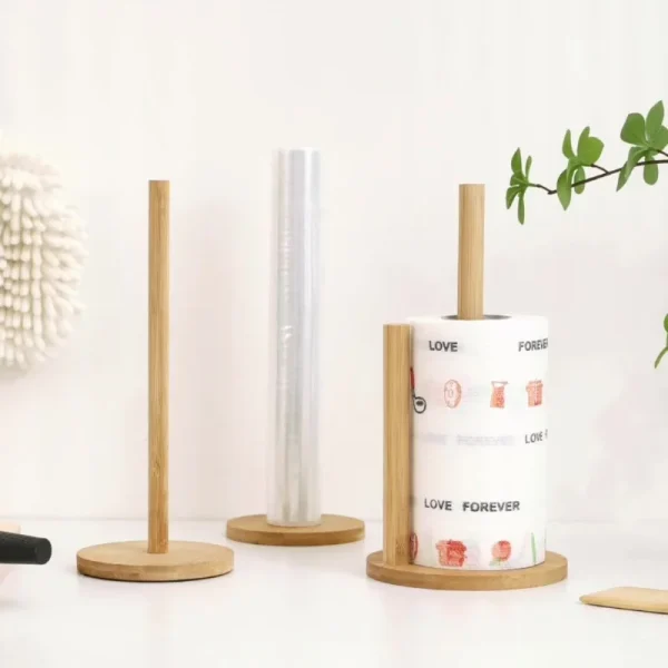 Wooden Roll Paper Towel Holder Bathroom Toilet Paper Tissue Vertical Stand Kitchen Paper Towel Storage Rack Rag Holder 1