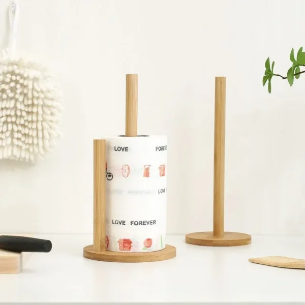 Wooden Roll Paper Towel Holder Bathroom Toilet Paper Tissue Vertical Stand Kitchen Paper Towel Storage Rack Rag Holder 2