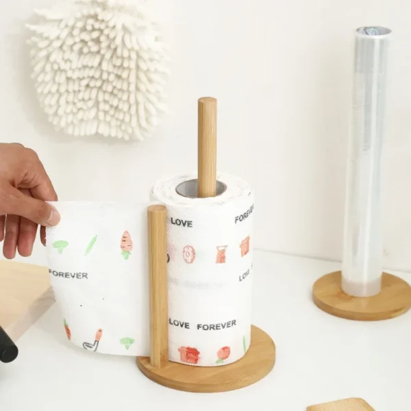 Wooden Roll Paper Towel Holder Bathroom Toilet Paper Tissue Vertical Stand Kitchen Paper Towel Storage Rack Rag Holder 3