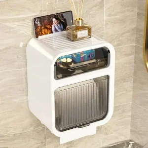 Toilet Tissue Box, Wall Mounted Roll Paper Tube, Paper Drawer, Storage, Bathroom Double Layer Storage Rack Toilet Roll Holder 1