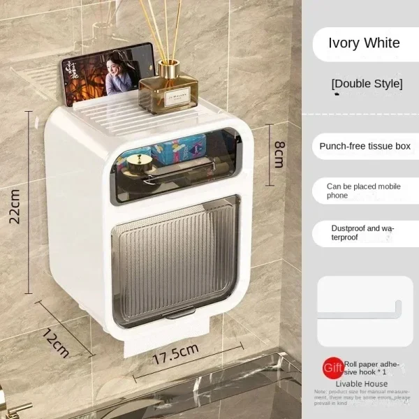 Toilet Tissue Box, Wall Mounted Roll Paper Tube, Paper Drawer, Storage, Bathroom Double Layer Storage Rack Toilet Roll Holder 6