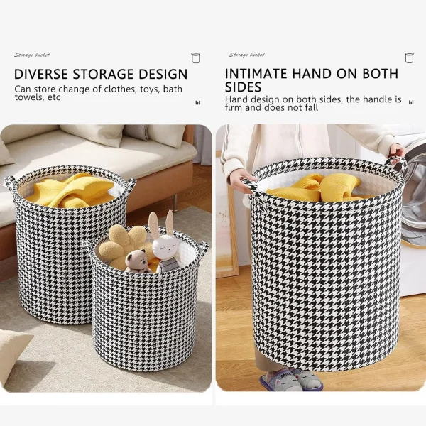 Laundry Basket with Handles,Houndstooth Blanket Storage Basket,Foldable Bedroom Hamper,Dirty Clothes Toys Hamper for Living Room 2