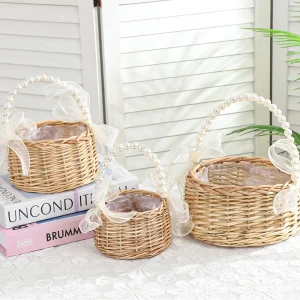 One wicker rattan flower child Basket with Pearl handle and bow Hand woven Easter basket Wicker basket for Weddings (brown) 1