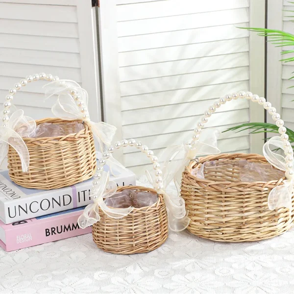 One wicker rattan flower child Basket with Pearl handle and bow Hand woven Easter basket Wicker basket for Weddings (brown) 1