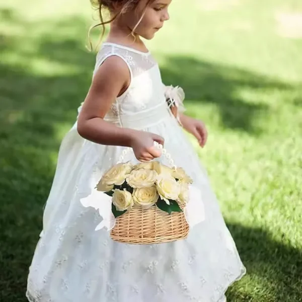 One wicker rattan flower child Basket with Pearl handle and bow Hand woven Easter basket Wicker basket for Weddings (brown) 3