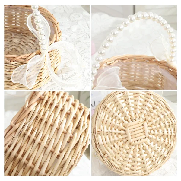 One wicker rattan flower child Basket with Pearl handle and bow Hand woven Easter basket Wicker basket for Weddings (brown) 5